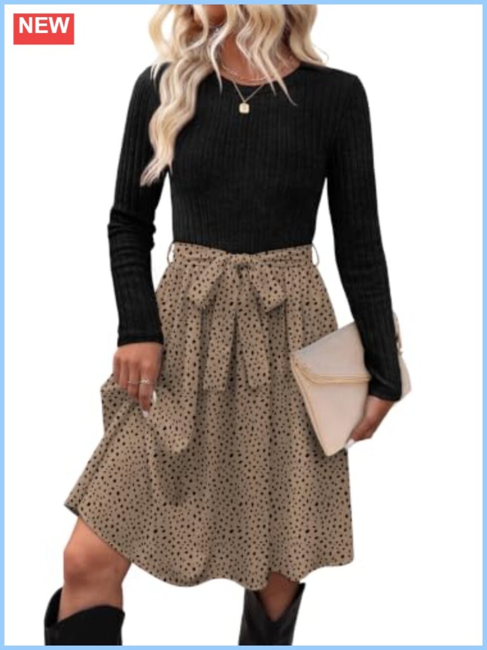 Long Sleeve Rib-Knit Sweater Dress with Pockets and Belt
